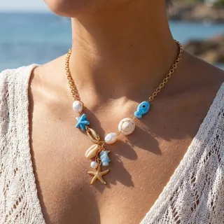 Ocean Themed Starfish Shell Fish Necklace, Gold Plated Alloy Beaded Pendant Choker, Boho Beach Vacation Jewelry for Women, 38+5cm Adjustable