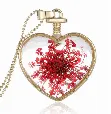 Heart-shaped Preserved Flower Glass Pendant Charm, Red Baby's Breath in Gold Alloy Frame, DIY Necklace Accessory, French Vintage Luxury Gift, 1pc