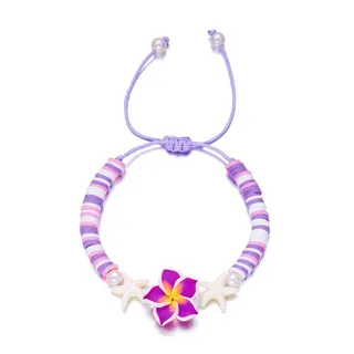 Plumeria Flower Beaded Bracelet for Women, Handmade Polymer Clay & Crystal Pearl, Adjustable Drawstring Ocean Boho Beach Jewelry, Orange 16-28cm