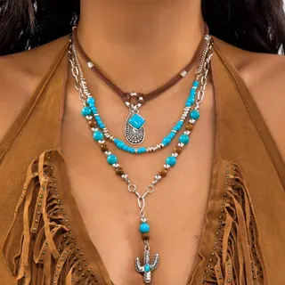 Vintage Western Turquoise Cactus Necklace 3-Piece Set, White Gold Alloy & Velvet Choker, Boho Beaded Layered Pendant Necklace for Women