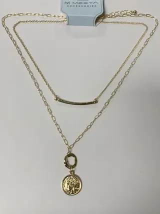 Vintage Gold Layered Necklace for Women - Double Chain with Coin Medallion & Arc Charm, Retro Alloy Pendant Necklace