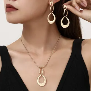 Geometric Circle Hoop Earrings & Necklace Set, 18K Gold Plated Alloy, Minimalist Teardrop Pendant Jewelry Set for Women