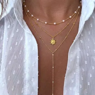 Layered Y-Shape Tassel Necklace with Sunburst Pendant & Pearl Accents, Gold 18K Plated Alloy, French Vintage Bohemian Statement Chain for Women