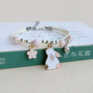 Cute Rabbit Flower Charm Bracelet, Adjustable Alloy Kawaii Jewelry with Pink Enamel Bunny & Sakura Pendant, Sweet Girl Gift for Women Girls