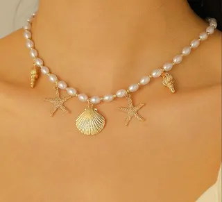 Ocean Shell Starfish Conch Pearl Necklace for Women, Gold Plated Alloy Clavicle Chain with Seashell Pendant, Adjustable 40+5cm Beach Vacation Jewelry