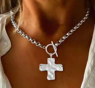 Cross Pendant Necklace with OT Clasp, White Gold Alloy, 45cm Minimalist Religious Symbol Choker Chain, Mirror Polished Tarnish-Free, Women's Jewelry