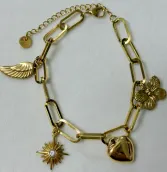 Women's Gold Chain Bracelet with Clover, Wing, Heart & Sun Charms - Vintage Luxury Metal Cuff, 18K Gold Plated, Gift for Her