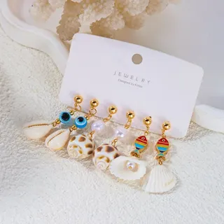 Boho Beach Shell Earrings - 18K Gold Plated Alloy Fish Enamel Charm with Natural Scallop Shell Dangle Earrings, Summer Vacation Ocean Style Jewelry Set