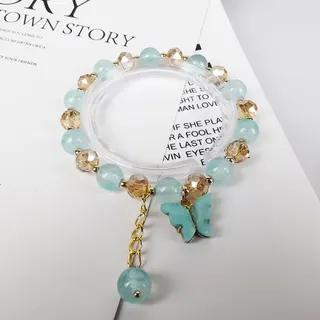 Butterfly Bracelet for Women - Light Blue Glass Beads with Champagne Gold Faceted Beads, Double Butterfly Charm, Adjustable Stretchy Beaded Bracelet