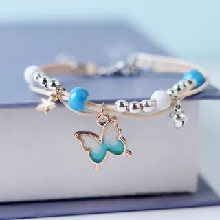 Butterfly Charm Bracelet for Women, Adjustable Beaded String Bracelet with Rose Gold Butterfly Pendant, Purple Enamel Wings, Delicate Girl Jewelry Gift