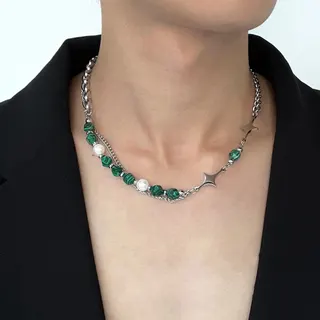 Natural Stone Star Necklace - Stainless Steel Four-Point Star & Green Bead Pearl Layered Adjustable Choker, Vintage Luxury Design for Women