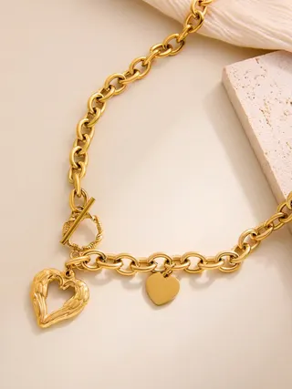 Gold Heart Pendant Necklace for Women, Stainless Steel 18K Gold Plated Clavicle Chain, Double Heart O-Link Adjustable 45+5cm, Hypoallergenic Tarnish Free