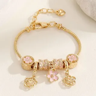 Flower Charm Bracelet, 18K Gold Plated Alloy, Pink Enamel Sakura Dangle Beads with Rhinestone, Sweet Elegant Snake Chain Bangle, ~28cm, Gift for Her