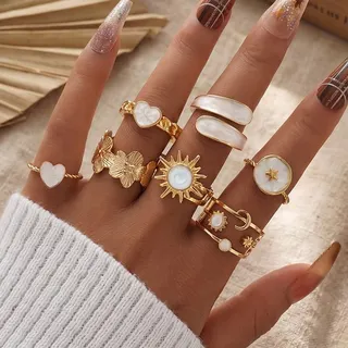 7-Piece Mother of Pearl Ring Set, Vintage Sunflower & Heart Open Rings, 18K Gold Plated Alloy, Stackable Boho Jewelry for Women