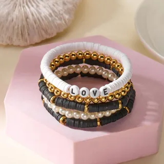 Mother's Day MAMA LOVE Beaded Bracelet Set of 4, AB Crystal & Clay Letter Charm with Gold Heart, 18cm Adjustable, Gift for Mom