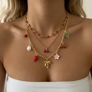 Sweet Strawberry Cherry Bow Pearl Necklace Set 3-Piece Layered Chain, 18K Gold Plated Alloy with Pearl, Red, 35+5cm, 1 Set