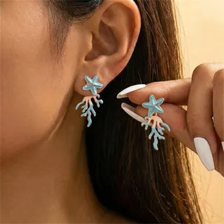 Blue Gradient Starfish Coral Earrings, Alloy Ocean Style Dangle Earrings for Women, Beach Vacation Jewelry, 3.7cm, Pair