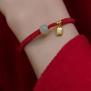 Red String Bracelet with Jade Bead & Gold Blessing Charm, Adjustable Woven Lucky Hand Rope for Women, 16-26cm, Chinese Zodiac Protection Gift