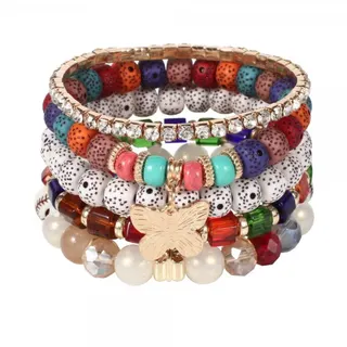 Colorful Butterfly Charm Beaded Bracelet Set for Women - Multi-Strand Elastic Stretch Bracelets with Acrylic Beads & Rhinestone, 5PCS, Approx 18cm