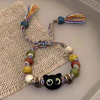 Halloween Black Cat Beaded Bracelet, Handwoven Boho Tassel Charm Bracelet, Adjustable 16-28cm Resin Cat Head Beads, Colorful String Wristband for Women Girls