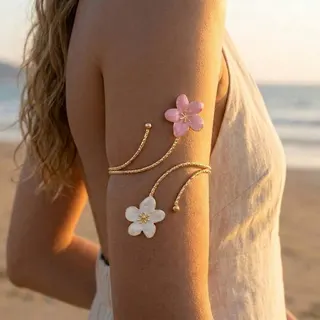 Vintage Floral Arm Cuff Bracelet, 18K Gold Plated Alloy Five-Petal Flower Arm Ring, Boho Beach Wedding Bridesmaid Jewelry, Approx 8.5cm