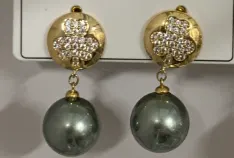 Vintage Floral Rhinestone Drop Earrings, 18K Gold Plated Alloy with Iridescent Pearl, Elegant French Style Dangle Earrings for Wedding & Party