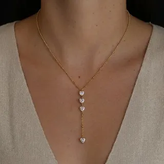 Y-Shape Necklace for Women, Stainless Steel Heart Zirconia Pendant Chain, Gold 40+5cm, Hypoallergenic Tarnish-Free Clavicle Chain, Birthday Gift