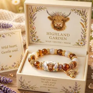 Highland Cow Healing Beaded Bracelet, Vintage Garden Style Glass & Alloy 18K Gold Plated, ~18cm Gift Box for Women