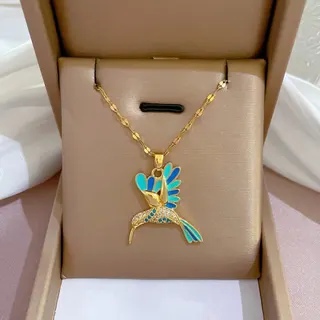 Colorful Bird Enamel Pendant Necklace, 18K Gold Plated Zircon Clavicle Chain, Adjustable 45+5cm, Elegant Gift for Women
