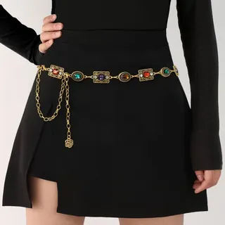 Vintage Gold Waist Chain Belt for Women - Oval Engraved Multi-Color Rhinestone Alloy Belt with Dangling Flower Charm, ~115cm Adjustable, Party & Dress Accessory