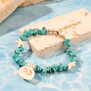Ocean Beach Shell Turquoise Bead Bracelet with Starfish Pearl Charm, 18cm Boho Summer Jewelry for Women