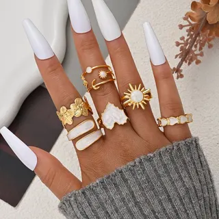 6 Pcs Boho Sun Moon Star Flower Ring Set, Gold Plated Alloy with White Resin & Shell Inlay, French Vintage Stacking Rings for Women, 1.8cm