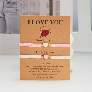 Couple Bracelet Set - Woven Cord with Enamel Heart Charm, Black & White, Adjustable 16-26cm, I Love You Card Gift for Valentine's Day