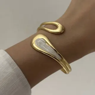 Gold Open Cuff Bracelet for Women - Stainless Steel 18K Gold Plated, Teardrop Hollow Design with Mother of Pearl Inlay, Minimalist Hypoallergenic Bangle