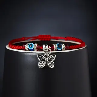 Cute Cat Charm Evil Eye Red String Bracelet, Adjustable Woven Handmade Beaded Bracelet with Blue Nazar Glass & Rhinestone, White Gold Plated Alloy, Boho Lucky Gift for Women