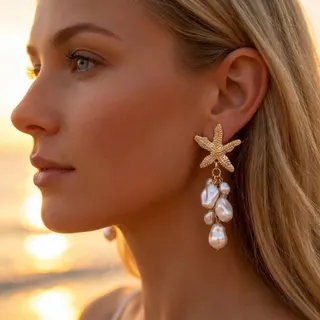 Gold Starfish Pearl Drop Earrings - Baroque Faux Pearl Dangle Earrings, French Vacation Ocean Style, Lightweight Alloy Jewelry for Women