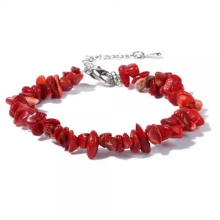Natural Red Coral Tumbled Stone Bead Bracelet for Women, Irregular Polished Coral Chips with Adjustable Silver Clasp & Extender Chain, Boho Gift Jewelry