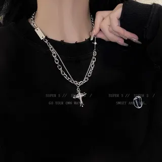 Double Layer Cross Zircon Pendant Necklace for Women, Punk Style Two-Tone Chain Collarbone Necklace, Alloy Silver Plated, Minimalist Edgy Jewelry 45+5cm