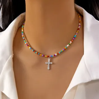 Vintage Cross OT Toggle Necklace - Black Obsidian Bead Chain with 18K Gold Plated Stainless Steel Cross Pendant, 46cm