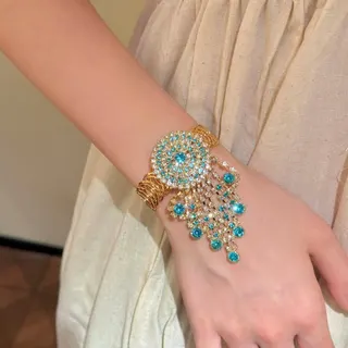 Gold Heart Tassel Cuff Bracelet with Rhinestones, Open Bangle Arm Cuff, Vintage Bridal Party Jewelry for Women