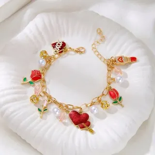 Valentine's Day Charm Bracelet for Women - Enamel Heart Rose Pearl Crystal Beaded Bracelet, 18K Gold Plated, Bow & XOXO Charms, Adjustable 17+5cm, Sweet Gift for Her