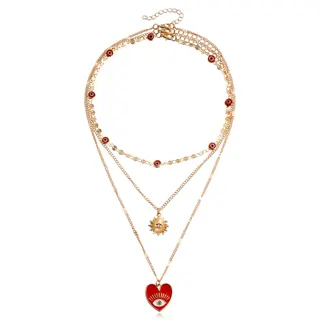 Boho Evil Eye Layered Necklace, 18K Gold Plated Alloy Multi-Chain Collarbone Necklace with Heart & Sun Pendant, Adjustable 39/42/52cm