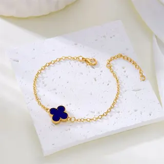 Clover Charm Bracelet for Women, Black & Gold Alloy 18K Gold Plated Lucky Four-Leaf Clover Chain Bracelet, Adjustable 16+5cm with Lobster Clasp, Gift for Her