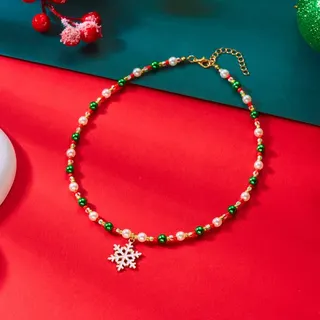 Christmas Beaded Necklace Red Green Gold with Christmas Tree Charm, Alloy & CCB Beads, Adjustable 40+5cm Clasp Extender, Holiday Party Gift for Women