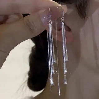 Silver Tassel Drop Earrings Long Chain Dangle Earrings with Teardrop Beads, Alloy Fashion Jewelry for Women, Elegant French Style Hoop Earline