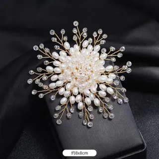Luxury Firework Brooch, Imitation Pearl & Crystal Starburst Pin, Gold-Toned Wire Handcrafted, Wedding Bridesmaid Blazer Coat Accessory, 8x8cm