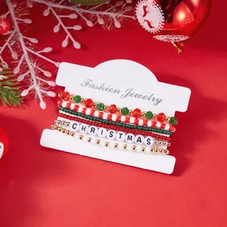 Christmas Beaded Bracelet Set of 4 - HAPPY CHRISTMAS Letter Charm Bracelets, Clay & Resin Beads with Alloy Accents, Elastic 18cm, Santa & Snowflake Holiday Gift Jewelry