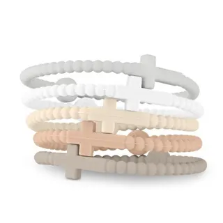 Silicone Cross Bracelet Set - 5pcs Macaron Rainbow Color, Hypoallergenic Soft Beaded Wristband, 19cm M Size, Cute Girl Jewelry Gift