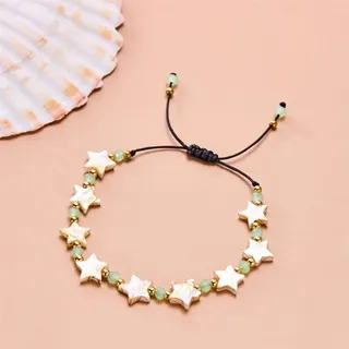 White Shell Star Bracelet - Natural Shell Star Beads with Gold Trim, Handwoven Adjustable Wax Cord Bracelet 16-26cm, Sweet Ocean Style Jewelry for Women