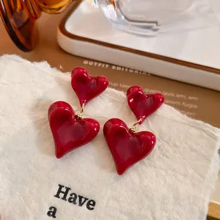 Vintage Wine Red Heart Earrings - Double Love Heart Dangle Earrings for Women, Alloy Mirror Polish Red Ear Jewelry for Christmas New Year Holiday Gift